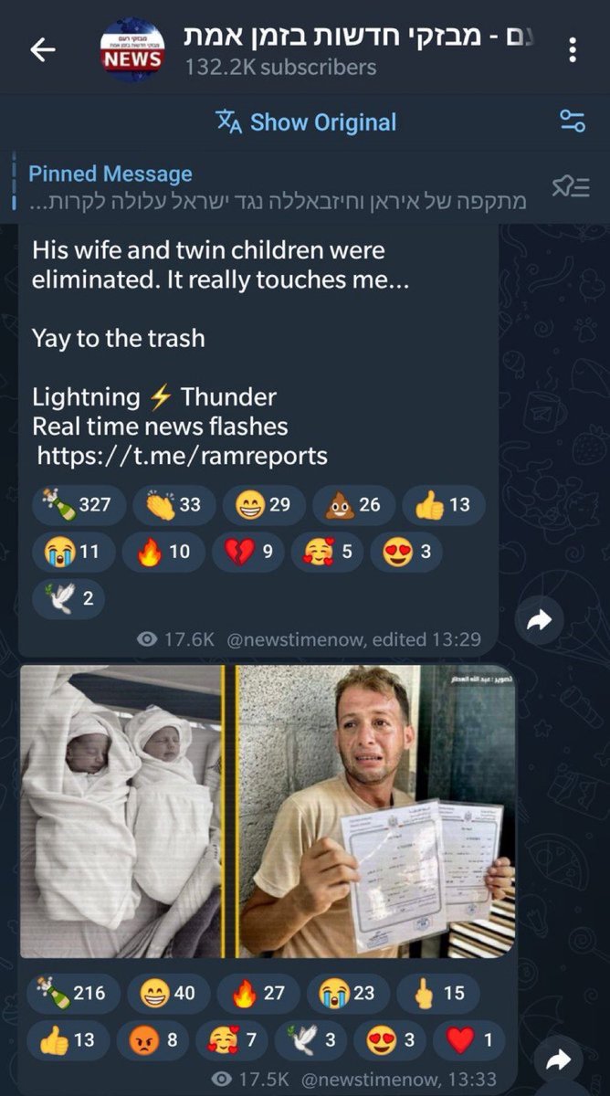 Un groupe Telegram israélien s’amuse de la tragédie incommensurable de deux bébés jumeaux assassinés, s'égayant sur la douleur déchirante d’un père éploré. 

Dans une réalité où des tels abominations peuvent non seulement voir le jour, mais où la complicités et l’adhésion s’y