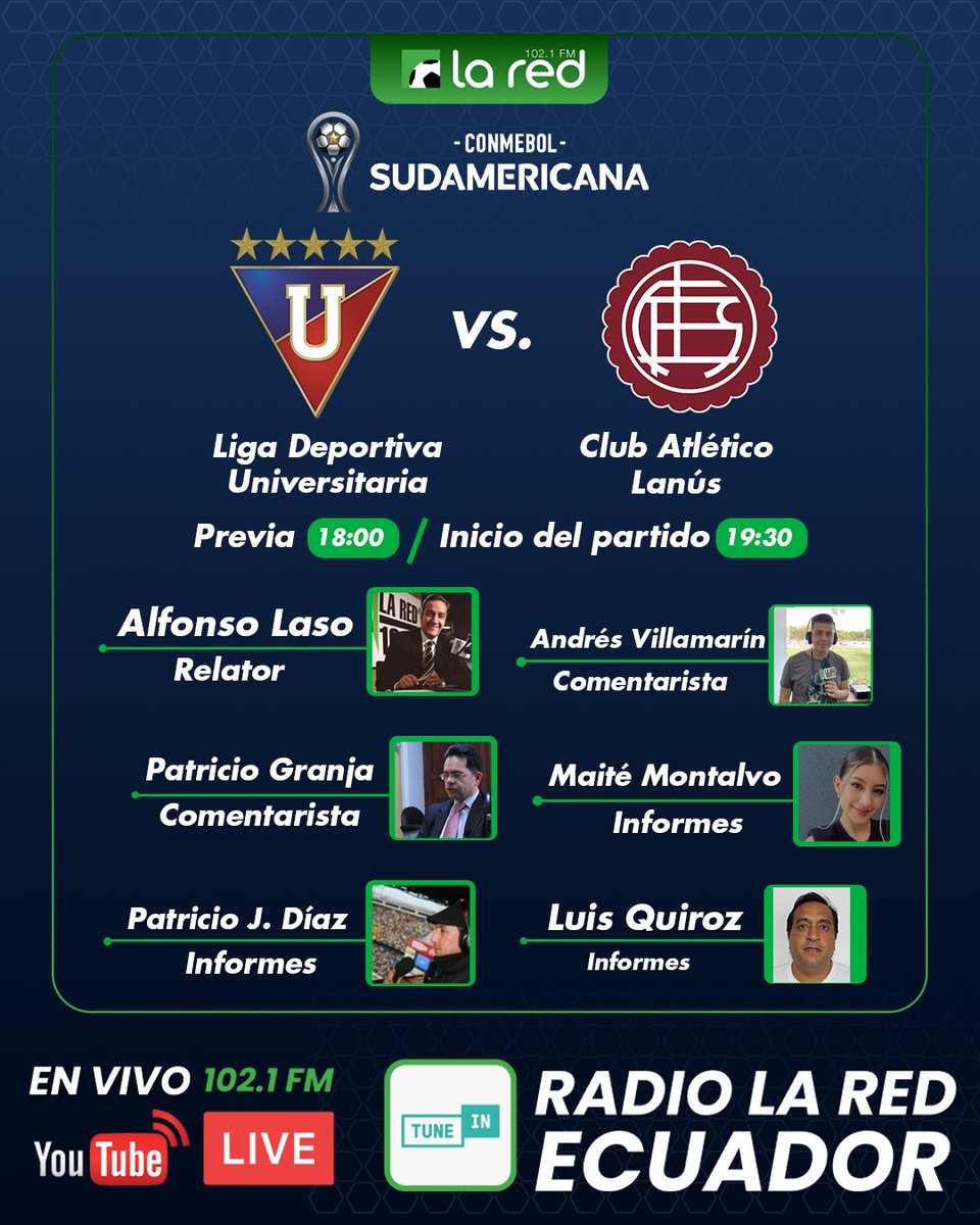 ¡El campeón defensor de la #Sudamericana quiere volver a levantar la copa!

¡No se pierdan las emociones entre Liga Deportiva Universitaria y Lanús!

¡Junto a <a href="/Alfonso_Laso/">Alfonso Laso Ayala</a> <a href="/andevillamarin/">Andrés Villamarín Espinel</a> <a href="/PatoGranjaT/">Patricio X Granja T</a> <a href="/maitemontalvog/">Maité Montalvo</a> <a href="/PatricioJDiaz/">Patricio Javier Díaz</a> <a href="/luchitoquiroz/">Luis Fernando Quiroz</a>!

#LaRadioQueSiempreEstá