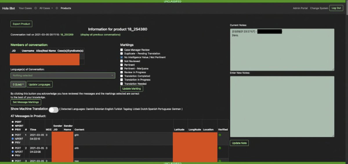 josephfcox's tweet photo. New: here are never-before-published screenshots of the FBI's dashboard for wiretapping the world. "Hola iBot" was used to monitor millions of messages from the secretly backdoored messaging app Anom. But also map social connections, plot movements, more https://t.co/xdvxCpXRfq https://t.co/LmQ0JXwb1K