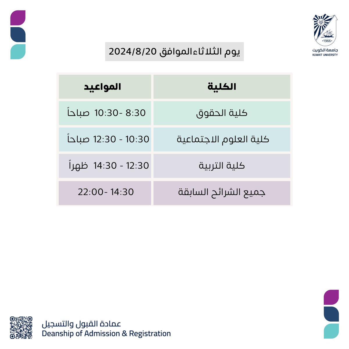 kunivnews_edu's tweet image. مواعيد التسجيل للطلبة المستجدين للفصل الأول 2025/2024 online

#kuniv
#kuniv_news
#kuniv_arts