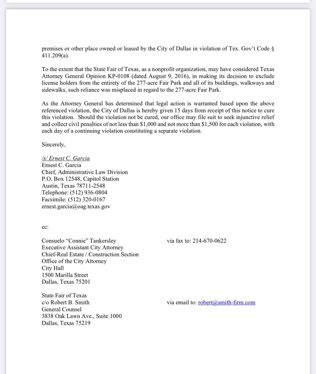 cbs11jack's tweet photo. BREAKING: @KenPaxtonTX warns @CityOfDallas to end gun free policy at @StateFairOfTX. 
“Texas law clearly states that license to carry holders may not be prevented from carrying a firearm on property owned or leased by the government unless otherwise prevented by state statute.” https://t.co/08kv2iIw6x