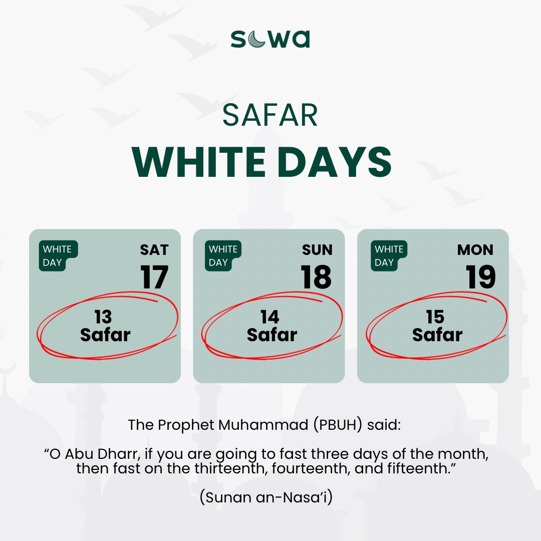 The White Days of Safar are approaching! ⭐️ Fasting on these days—13th, 14th, and 15th of the month—is a beautiful Sunnah that brings countless rewards. 

#whitedays #safar #islam #fasting #sunnah #islamicreminders #muslim #faith #quran #prophetmuhammad