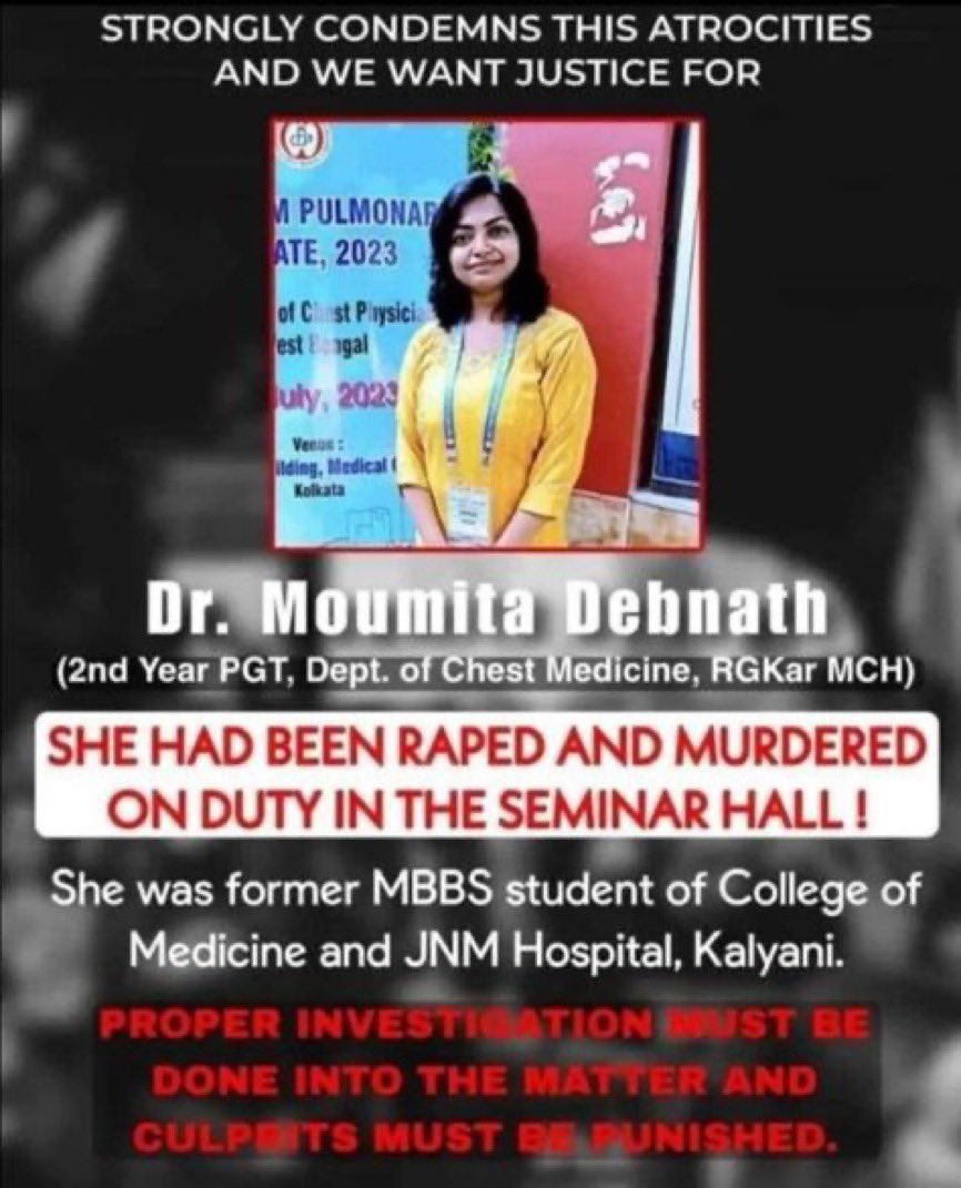 ModhaNitin038's tweet photo. Dear Moumita Debnath, This country failed u. West Bengal's law &amp; order failed u.Words aren't enough to describe what you went through💔
Sorry Moumita we couldn't save u but we'll not stop raising our voices until the devils got punished.
#JusticeForMoumita  #JusticeForDoctor https://t.co/6WddsOYJgF