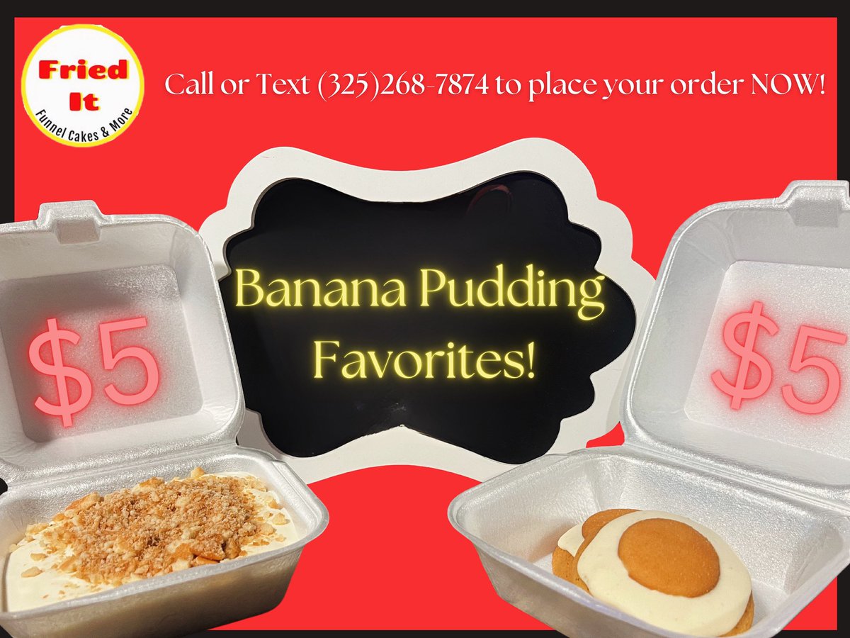 FriedIt3's tweet photo. Satisfy your sweet tooth with our homemade banana pudding for just $5, or try our delicious banana pudding cookies—2 for $5! Treat yourself or share with a friend. Don’t wait, place your order now and indulge in some homemade goodness! 🍌🍮 #friedit #shsu #shsu24 #shsu25 #shsu https://t.co/geSWBD1ic5