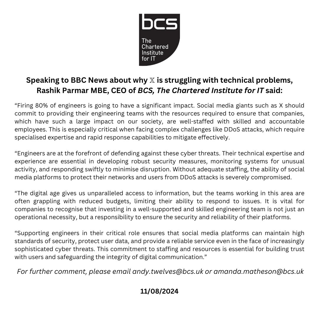 Speaking to <a href="/BBCTech/">BBC News Technology</a> about why 𝕏 is struggling with technical problems, <a href="/RashikParmar/">RashikParmar MBE</a>, CEO of <a href="/bcs/">BCS, The Chartered Institute for IT</a>, The Chartered Institute for IT said: