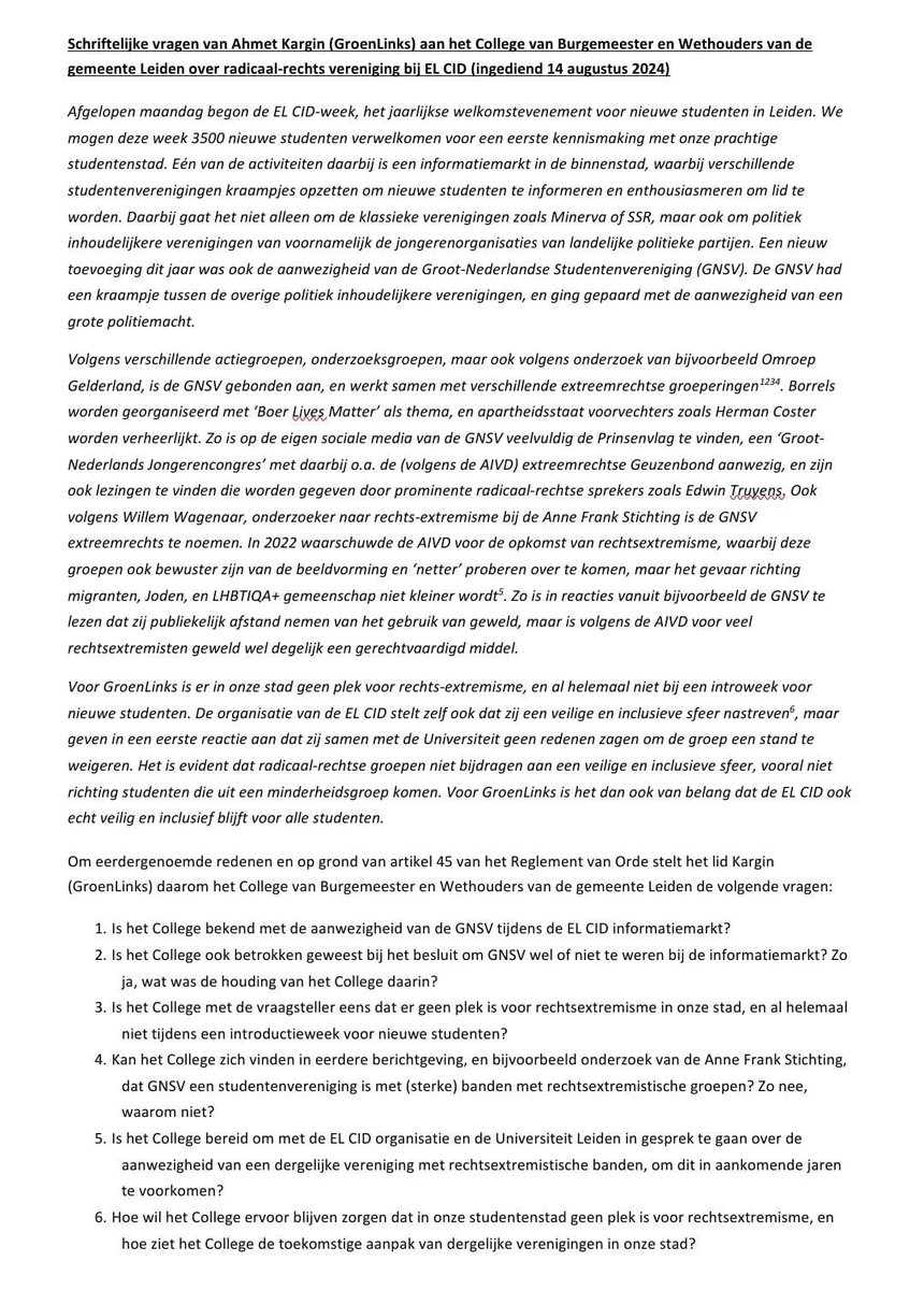 Ahmet Kargin (@afkargin) on Twitter photo Hierom namens <a href="/GL_Leiden/">GroenLinks Leiden</a> vragen gesteld aan het college om o.a. in gesprek te gaan met <a href="/UniLeiden/">Universiteit Leiden</a> en de organisatie van EL CID om in de toekomst geen podium te bieden aan dergelijke clubs
👇👇👇 Hierom namens <a href="/GL_Leiden/">GroenLinks Leiden</a> vragen gesteld aan het college om o.a. in gesprek te gaan met <a href="/UniLeiden/">Universiteit Leiden</a> en de organisatie van EL CID om in de toekomst geen podium te bieden aan dergelijke clubs
👇👇👇