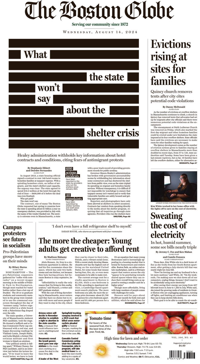 In today's paper: Blistering heat and brutal humidity cause electric bills to skyrocket; Mass. more than doubles eviction notices to families staying at overflow shelters; and more. trib.al/XiUCvq3