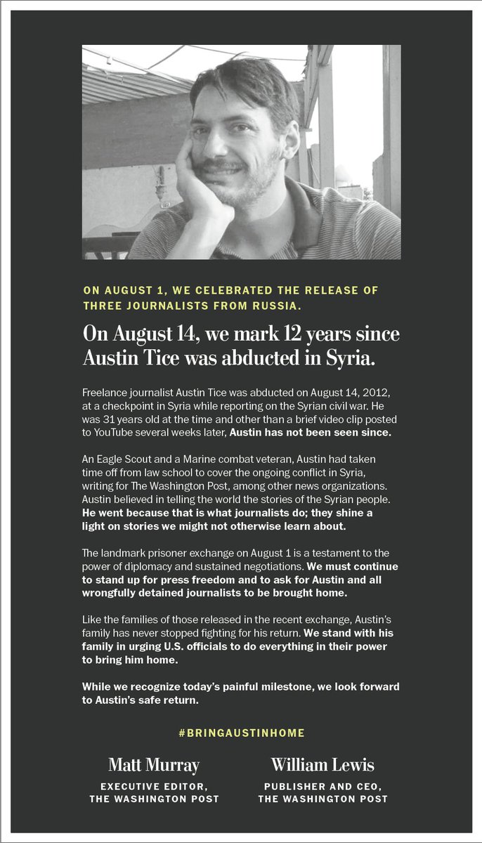 Twelve years ago today, American journalist #AustinTice was abducted in Syria while reporting on the civil war. He has not been seen since.

For twelve years, Austin’s family has not stopped campaigning for his release.

#JournalismIsNotACrime #BringAustinHome