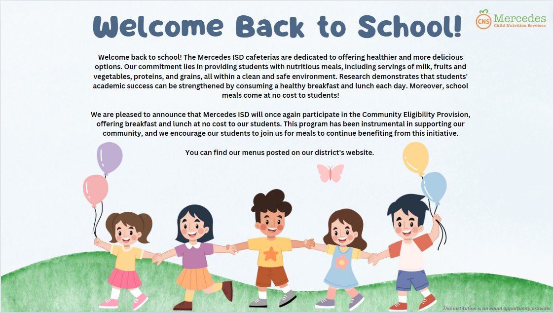 MISD_CNS's tweet photo. The MISD Child Nutrition Department would like to welcome back our students to a great and successful new school year! https://t.co/dwDjfiiNHn