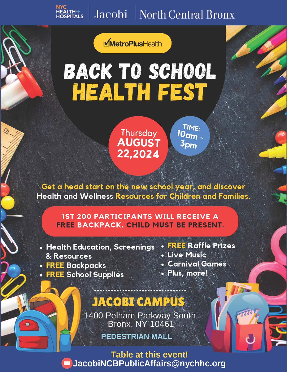 Don’t miss our #BackToSchool Health Fest on Thursday, 8/22. Get a head start on the new school year. FREE backpacks &amp; school supplies! #JacobiNCBStrong
