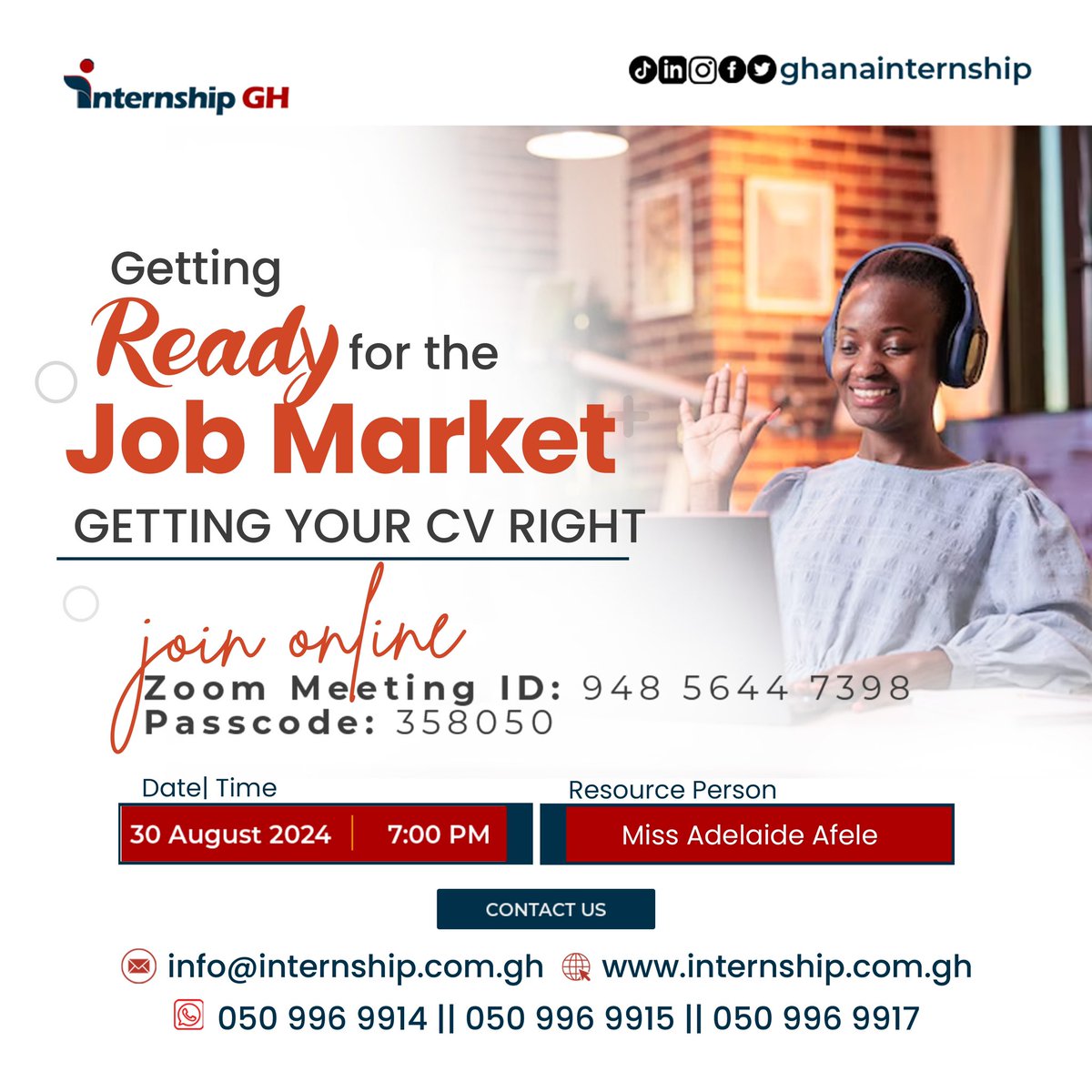 GhanaInternship's tweet photo. Are you ready to step into the job market but unsure if your CV is making the right impression? Join us for an exclusive webinar!

🗓️ Date: 30th August 2024
⏰ Time: 7:00PM 
💻 Platform: Zoom

#Internship #GhanaInternship #InternshipInGhana #VirtualInternship https://t.co/7ul2xMj64V