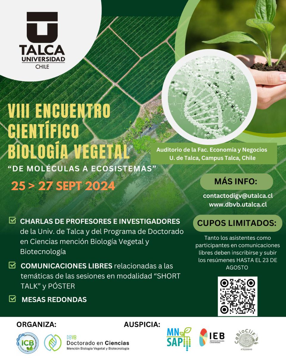 Postgrado UTalca (@postgradoutalca) on Twitter photo Súmate al "VIII Encuentro Científico Biología Vegetal. De Moléculas a Ecosistemas” organizado por el programa <a href="/dbvb_utalca/">dbvb_utalca</a>
✅Desarrollo Vegetal y Recursos Fitogenéticos
✅Ecología
✅Estrés Biótico y Abiótico
Inscripciones:i.mtr.cool/taflcihkua
📍Campus Talca, Chile Súmate al "VIII Encuentro Científico Biología Vegetal. De Moléculas a Ecosistemas” organizado por el programa <a href="/dbvb_utalca/">dbvb_utalca</a>
✅Desarrollo Vegetal y Recursos Fitogenéticos
✅Ecología
✅Estrés Biótico y Abiótico
Inscripciones:i.mtr.cool/taflcihkua
📍Campus Talca, Chile