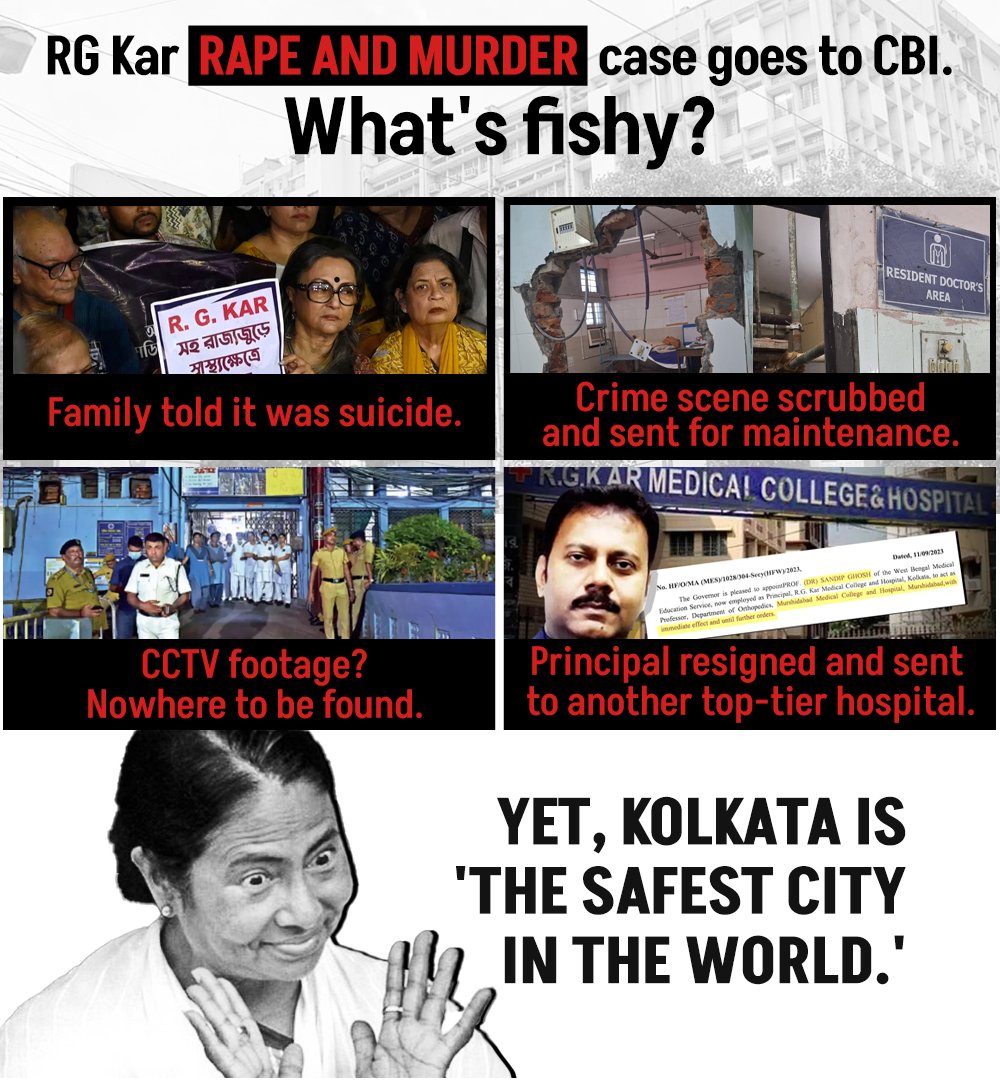 IamPolSol's tweet photo. Why RG Kar Hospital rape and murder case went to CBI, any idea?

Because Mamata Didi still thinks that Kolkata is the safest city in the world.

#JusticeForMoumita 
#KolkataDoctorDeath https://t.co/e41uYxq7gV