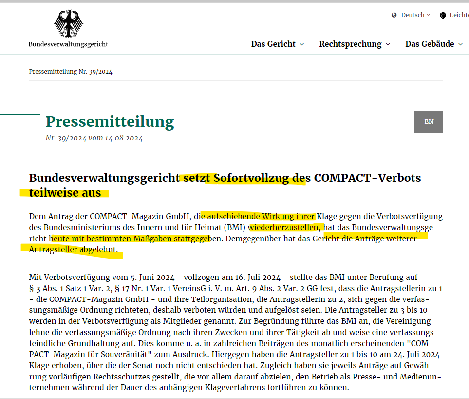 wenig_worte's tweet image. Auch wenn Lüge von #Compact, #AfD, Rechtsradikalen und Nationallibertären verbreitet wird:

Das #CompactVerbot ist NICHT aufgehoben.

Der Vollzug ist ausgesetzt bis zur Gerichtsentscheidung und weil die Pressefreiheit ein wichtiges Grundrecht ist, hat das Eilverfahren abgewogen.