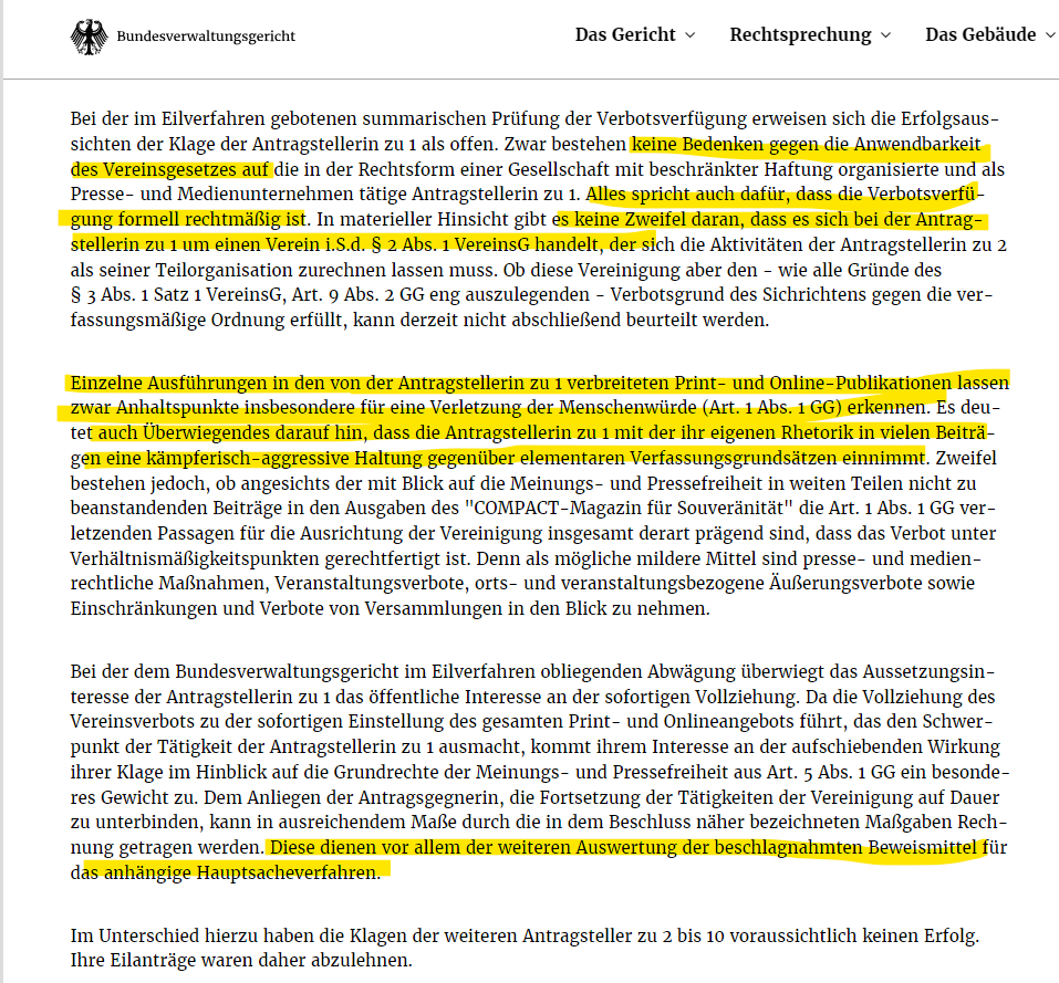 wenig_worte's tweet image. Auch wenn Lüge von #Compact, #AfD, Rechtsradikalen und Nationallibertären verbreitet wird:

Das #CompactVerbot ist NICHT aufgehoben.

Der Vollzug ist ausgesetzt bis zur Gerichtsentscheidung und weil die Pressefreiheit ein wichtiges Grundrecht ist, hat das Eilverfahren abgewogen.