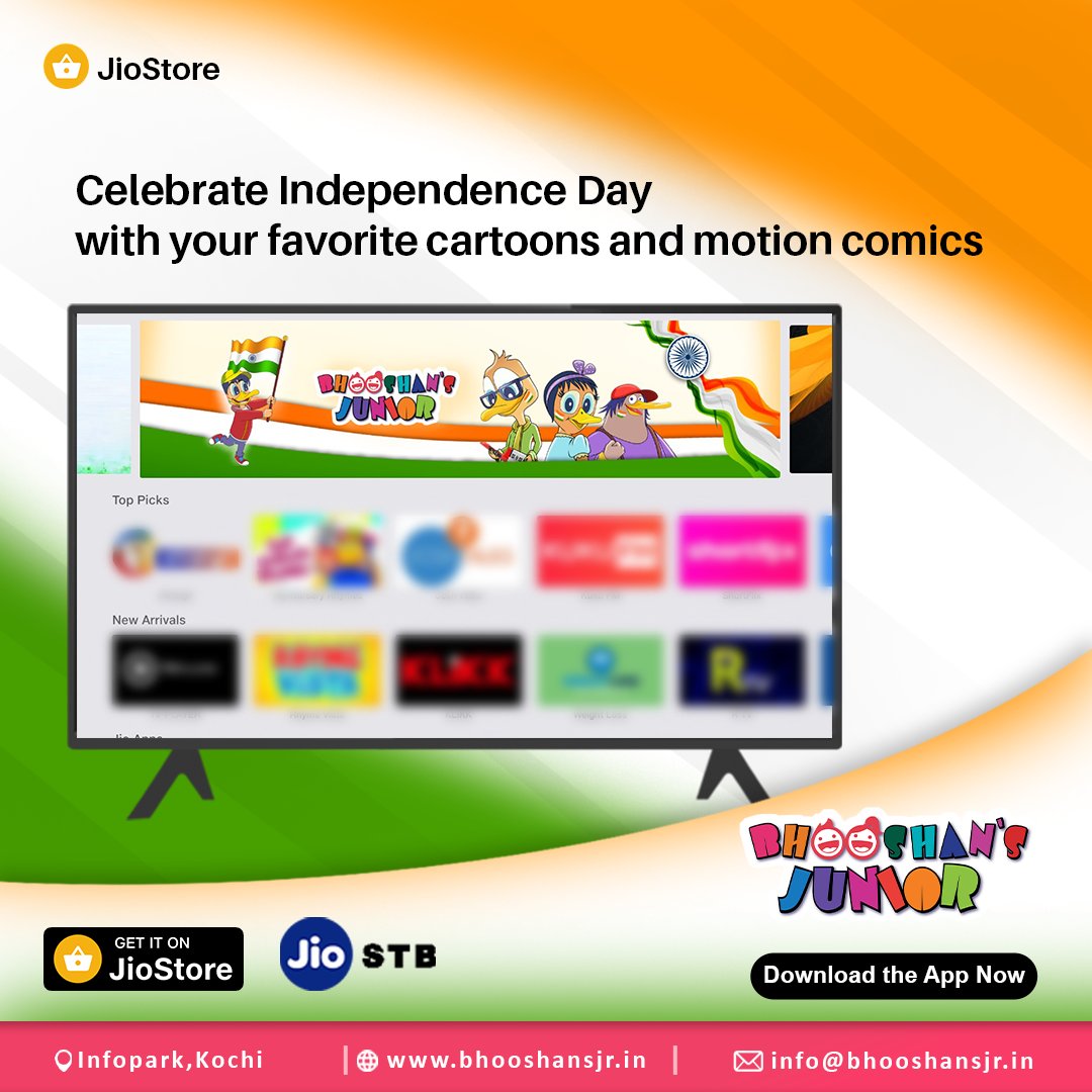 bhooshansjunior's tweet image. Join Jhoom and friends for an exciting adventure this Independence Day! 

Watch the latest episodes of the &apos;Jhoom Tara Ra Ra&apos; cartoon series on Jio STB. 

Download the Bhooshan&apos;s Junior App from the Jio Store.

#jhoomtararara #bhooshansjunior #techtainment #kidsentertainment