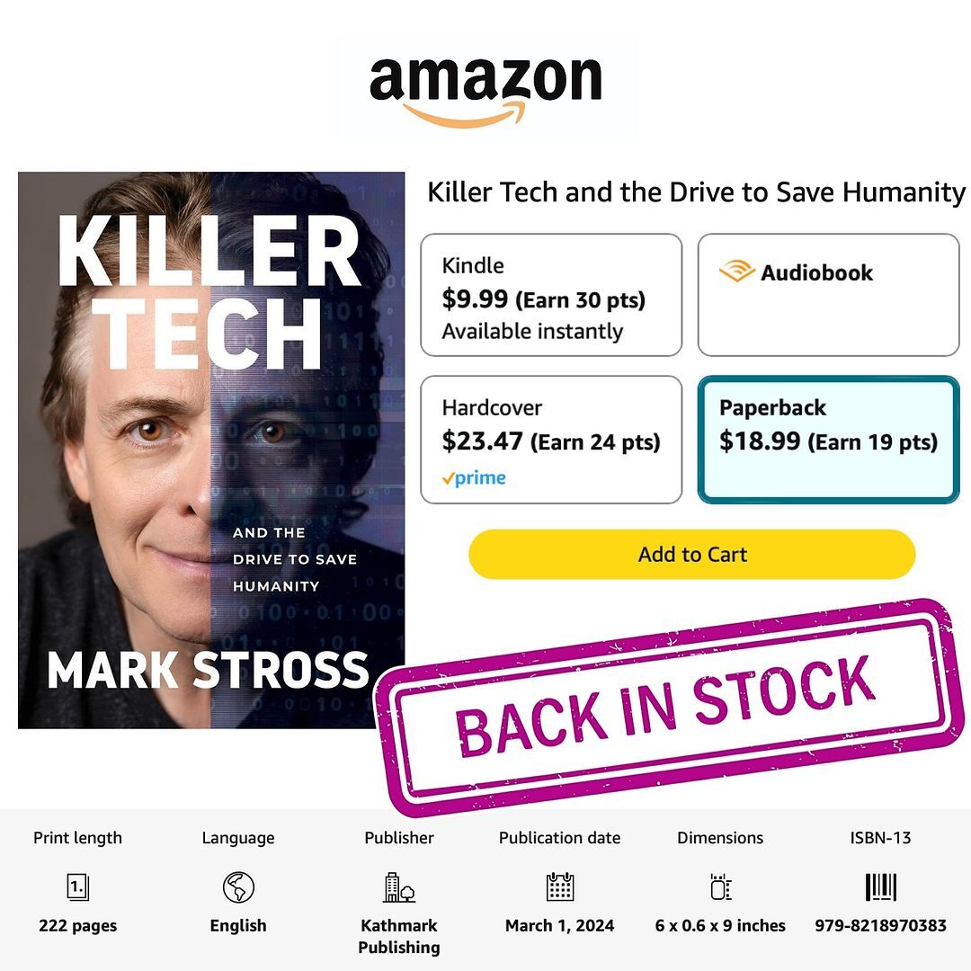 MarkStross's tweet image. 🚨 Back in Stock! 🚨 "Killer Tech &amp;amp; the Drive to Save Humanity" is available again at Amazon and Barnes &amp;amp; Noble. 📚✨ Dive into the complex relationship we have with tech and reclaim your digital future. Get your copy today! #KillerTech #DigitalAge #TakeBackControl
