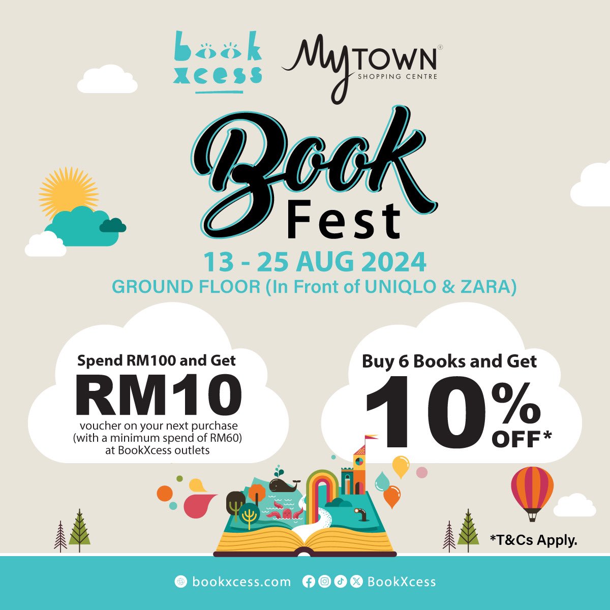 BookXcess's tweet image. Hai korang. ✨ Min just nak bagitau yang kami adakan Book Fest di MyTOWN Shopping Centre bermula pada 13 Ogos sehingga 25 Ogos 2024. Terdapat pelbagai buku pilihan menarik. Paling best? Dapatkan voucher RM10 dengan setiap pembelian RM100 di sana.
