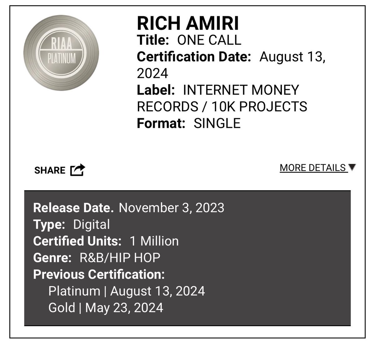 Rich Amiri’s “ONE CALL” is now PLATINUM 💿 🎊