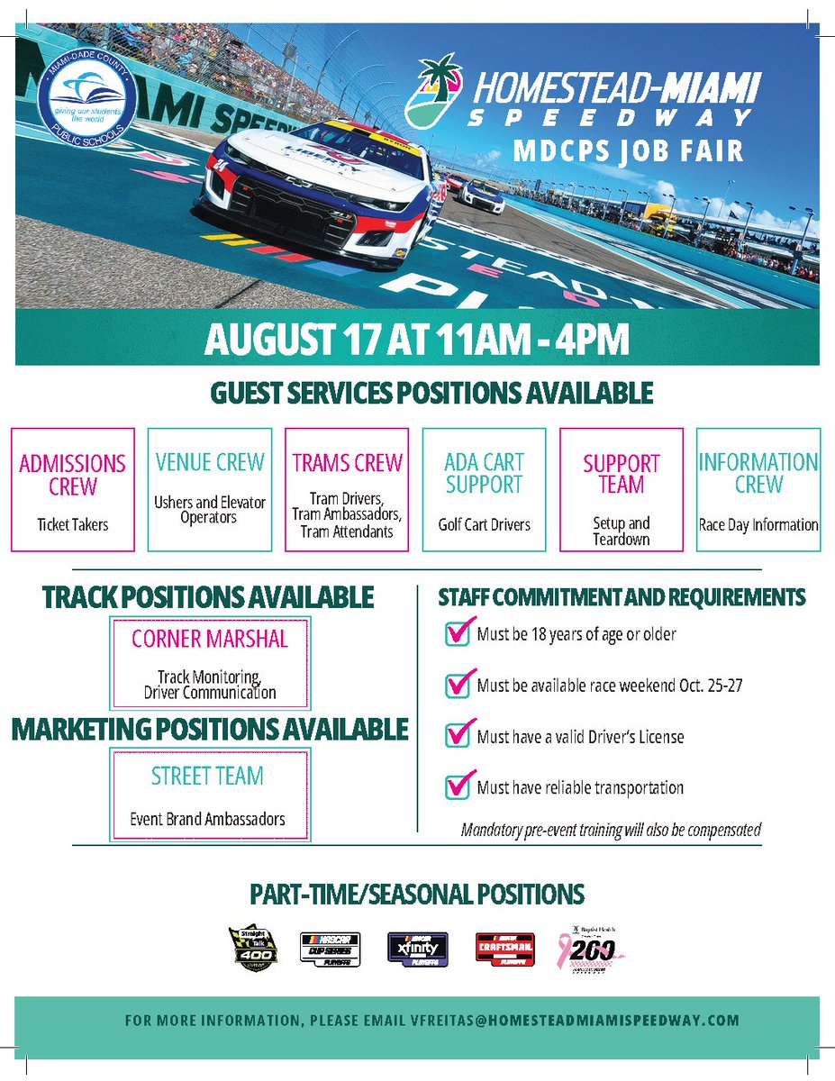 🚀 Job Fair Alert! 🚀 Discover seasonal part-time employment opportunities at the Homestead-Miami Speedway! 👋🏁