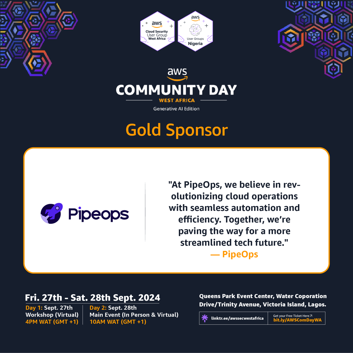 🚀 𝐏𝐢𝐩𝐞𝐎𝐩𝐬 is our Gold sponsor for AWS Community Day West Africa 2024! 🌟
Leading the charge in DevOps automation, PipeOps is all about optimizing cloud infrastructure &amp; accelerating development cycles.
🔗 Click the link 👉: bit.ly/AWSCD24
#GenAI #AWSCommunityDay