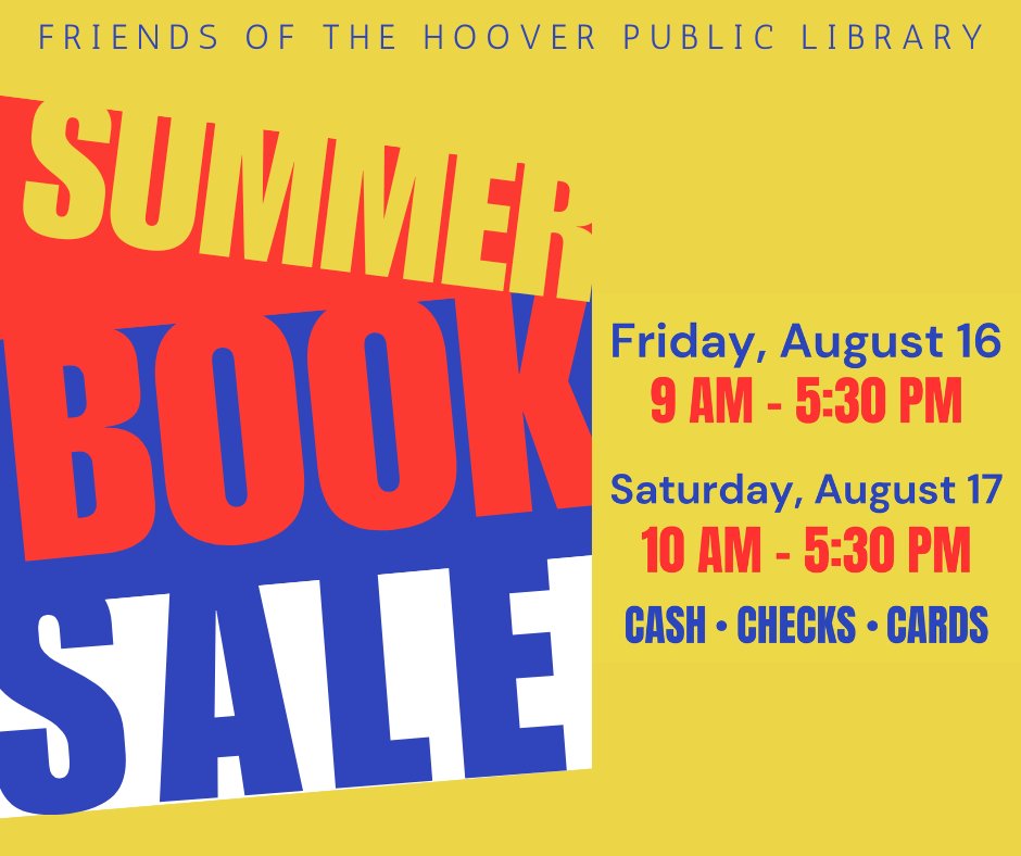 Don't forget - the <a href="/hooverlibrary/">Hoover Public Library</a>'s Summer Book Sale is this weekend on Friday and Saturday!📚📚📚