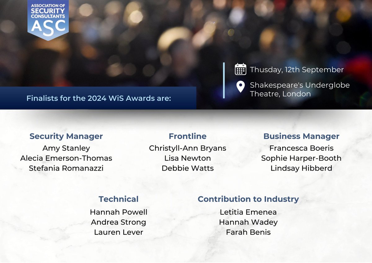 Association of Security Consultants (ASC) (@assocsecurity) on Twitter photo The finalists for the <a href="/WomeninSecAward/">WiSAwards</a>, proudly hosted by ASC, have been announced!
We are pleased to support this initiative dedicated to celebrating female excellence in the security industry. Congratulations to all the outstanding women who have been shortlisted as finalists. The finalists for the <a href="/WomeninSecAward/">WiSAwards</a>, proudly hosted by ASC, have been announced!
We are pleased to support this initiative dedicated to celebrating female excellence in the security industry. Congratulations to all the outstanding women who have been shortlisted as finalists.