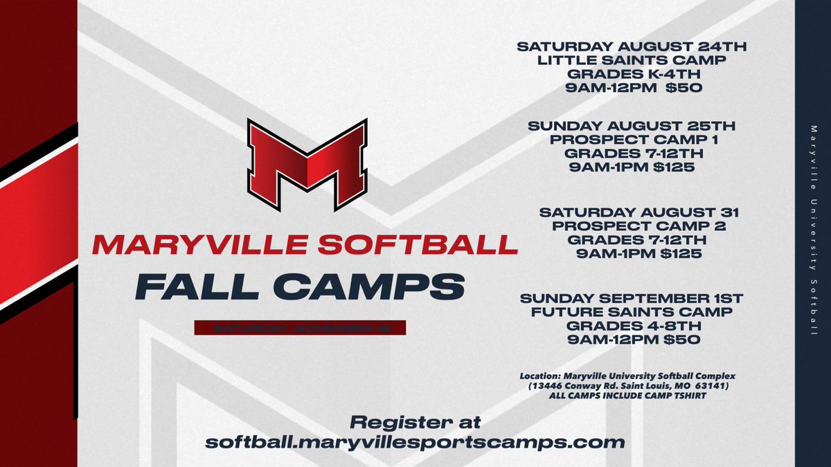 We’re 10 days out from our camps! Our Prospect Camp 1 is almost sold out. Register now to reserve a spot! Softball.maryvillesportscamps.com