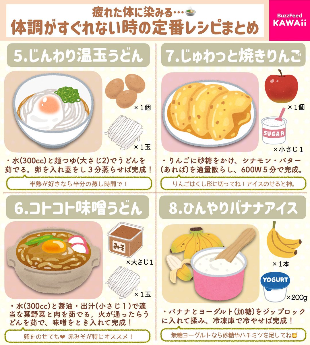 BuzzFeedKawaii's tweet photo. 猛暑とエアコンの寒暖差などで夏バテ気味…😵‍💫 💦

【体調がすぐれない時の定番レシピ】をまとめました！♨️ https://t.co/iTuXBwlPW6