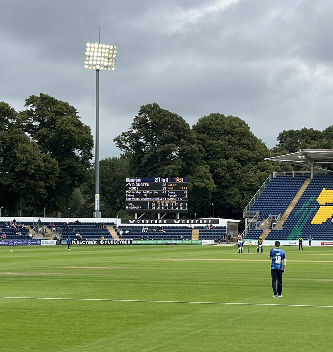 AWeltch's tweet photo. Grey skies and floodlights for @GlamCricket vs Yorkshire in Cardiff this afternoon. Itโs the middle of August. #cricket #goglam https://t.co/t9YNuLDPlw