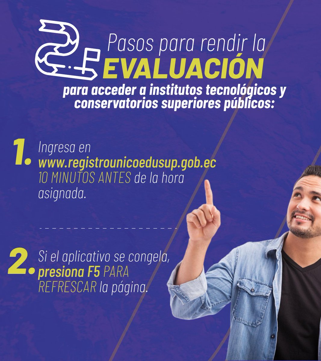 EduSuperiorEc's tweet photo. 📢 Para rendir tu evaluación para ingresar a un instituto tecnológico o conservatorio superior público, debes:
✅ Conectarte 10 minutos antes de la hora asignada
✅ Utilizar papel blanco, lápiz, borrador y calculadora
Ingresa en https://t.co/YGJXZ4ickT y conoce la hora asignada. https://t.co/UV5NkZUJvj