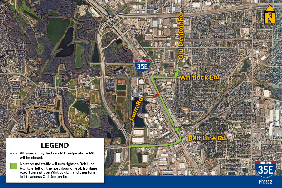 CarrolltonTX's tweet photo. TRAFFIC NOTICE: @TxDOTDallas will be temporarily closing all lanes along the Luna Rd. bridge long term over I-35E beginning Wed., Sept. 4 as part of the I-35E Phase 2 project. The work is expected to be completed by Sept. 2025 (weather permitting). For questions, contact TxDOT. For detour information and more, visit https://t.co/RBZLo7xysy