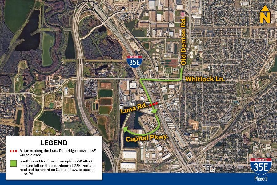TRAFFIC NOTICE: <a href="/TxDOTDallas/">TxDOT Dallas</a> will be temporarily closing all lanes along the Luna Rd. bridge long term over I-35E beginning Wed., Sept. 4 as part of the I-35E Phase 2 project. The work is expected to be completed by Sept. 2025 (weather permitting). For questions, contact TxDOT.