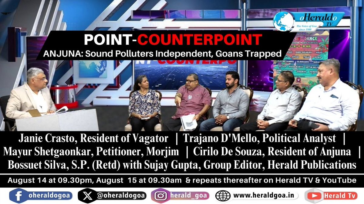 oheraldogoa's tweet image. Join the debate on #PointCounterpoint as we tackle noise pollution in Anjuna. Tune in tonight at 9:30 PM on #HeraldTV. Watch Trajano D'Mello, Mayur Shetgaonkar, Cirilo DeSouza, BossuetSilva(Retd SP) with Sujay Gupta. Don't miss out on the discussion! #Goa #Anjuna #NoisePollution