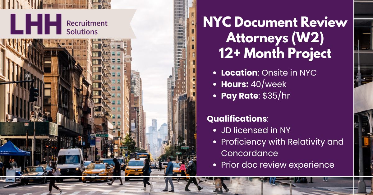 Kellie DiMascio (@kelliedimascio) on Twitter photo 🚨 NOW HIRING: NYC #DocumentReview #Attorney (W2 and Benefits) 🚨 <a href="/LHH_Global/">LHH Global</a> is hiring for a 100% onsite, long-term engagement expected to last 1 year. Seeking #NY licensed JDs with proficiency in <a href="/RelativityHQ/">Relativity</a> and Concordance. Apply here: shorturl.at/JnVJz
#LegalJobs 🚨 NOW HIRING: NYC #DocumentReview #Attorney (W2 and Benefits) 🚨 <a href="/LHH_Global/">LHH Global</a> is hiring for a 100% onsite, long-term engagement expected to last 1 year. Seeking #NY licensed JDs with proficiency in <a href="/RelativityHQ/">Relativity</a> and Concordance. Apply here: shorturl.at/JnVJz
#LegalJobs
