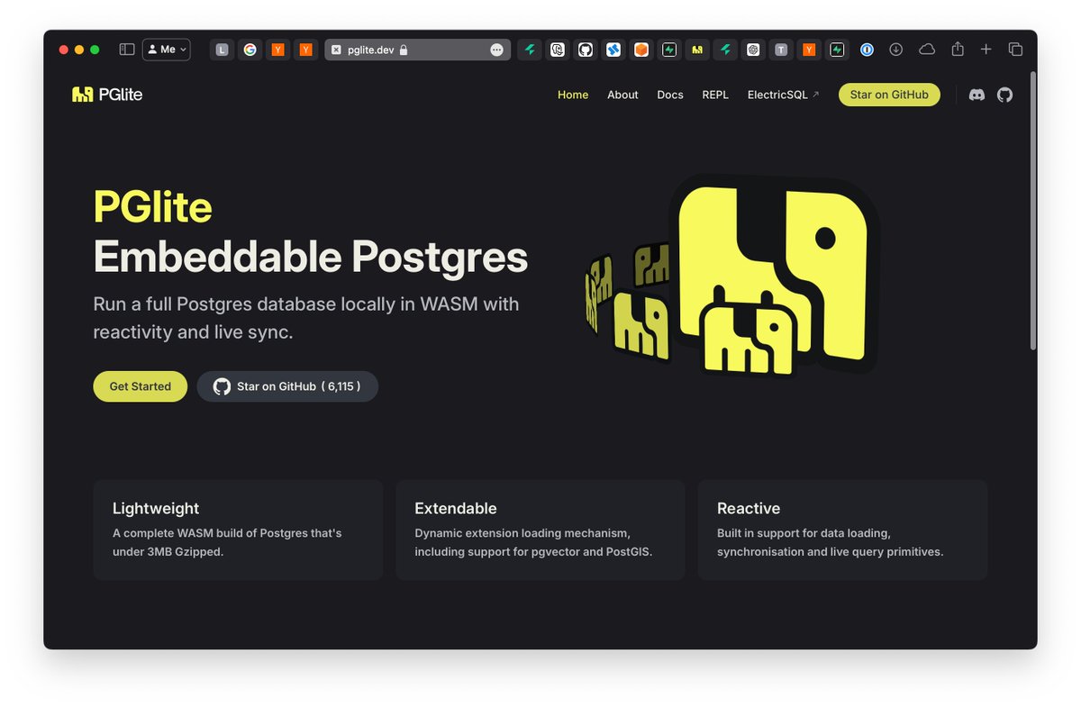 Чуваки из Electric упаковали PostgreSQL сервер (один из главных движков баз данных в мире) в js-библиотеку размером 3 мегабайта.
Работает на WASM в браузерах и в nodejs, поддерживаются экстеншены. Скорость отработки базовых запросов — 0.3ms.

Это как если бы дизельный локомотив с