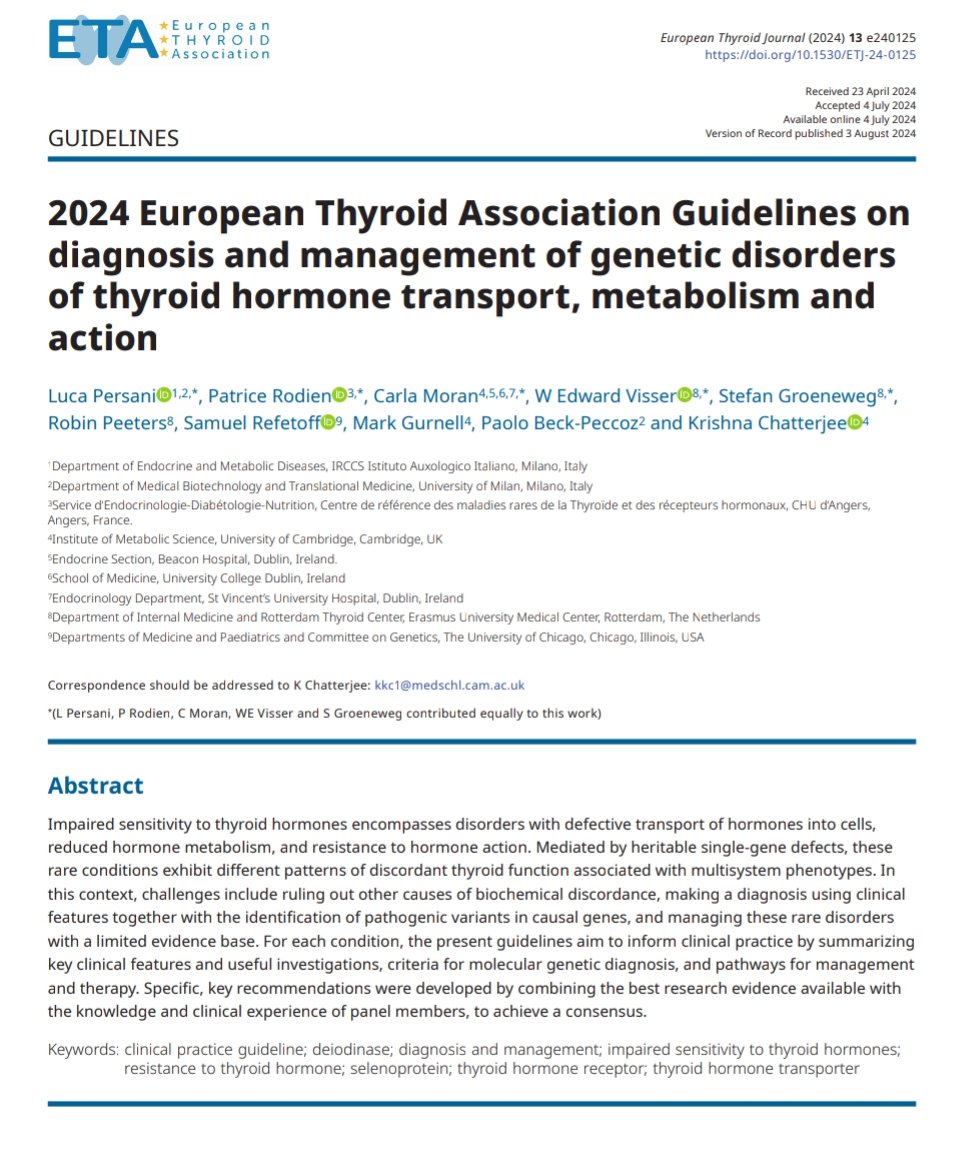 📌 🆕 2024 <a href="/ETA_Thyroid/">ETA - European Thyroid Association</a> Guidelines on Dx and Mx of genetic disorders of #Thyroid hormone transport, metabolism and action:
- #RTHβ
- #RTHα
- #MCT8 deficiency
- #Selenoprotein deficiency
- Iodothyronine deiodinase defects

👉🆓🖇️ t.ly/06nWn

#EndoTwitter #MedTwitter