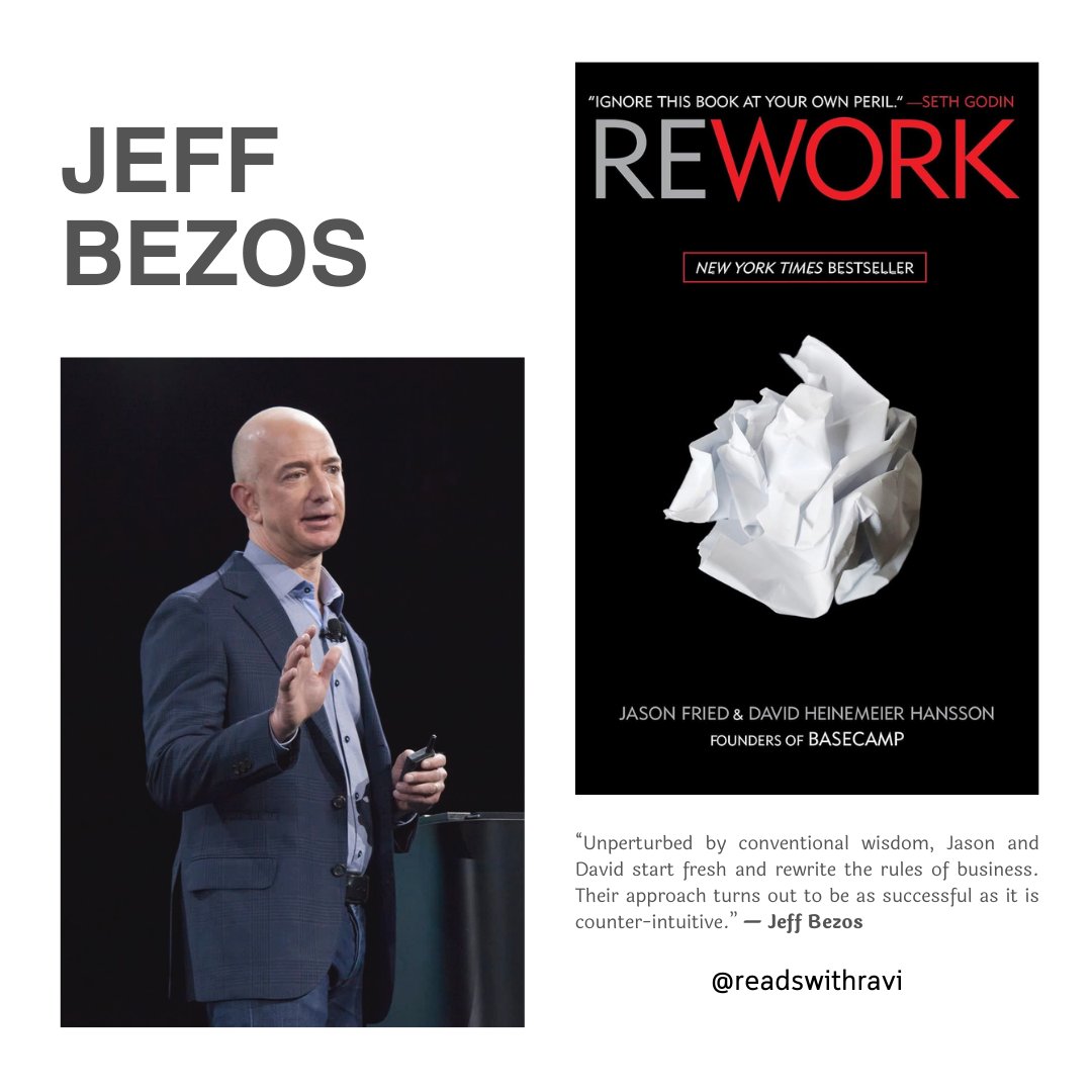 readswithravi's tweet photo. 15 books recommended by Jeff Bezos 🧵

Books have played a crucial role in his life and he has recommended several books over the years that have shaped his thinking and approach to business.

1) Rework by @jasonfried and @dhh