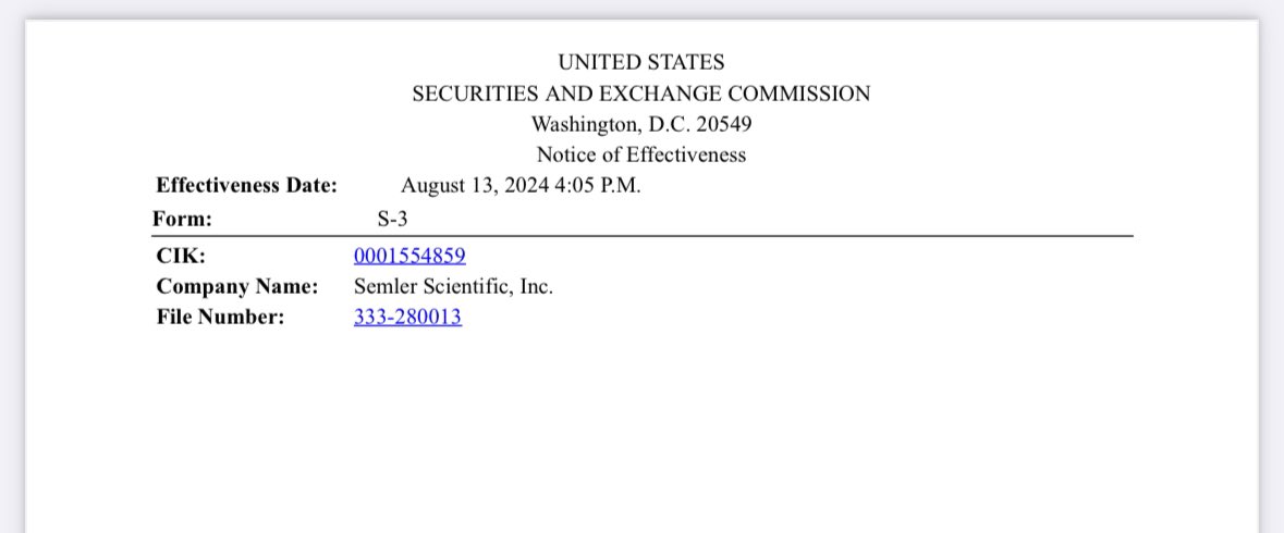 BenWerkman's tweet image. After a slow approval process from the SEC, the $SMLR S-3 is finally effective.

They now have the approval to use the $50M ATM and $150M shelf offering.

I’m not expecting them to wait long on this one.

#Bitcoin #BTC