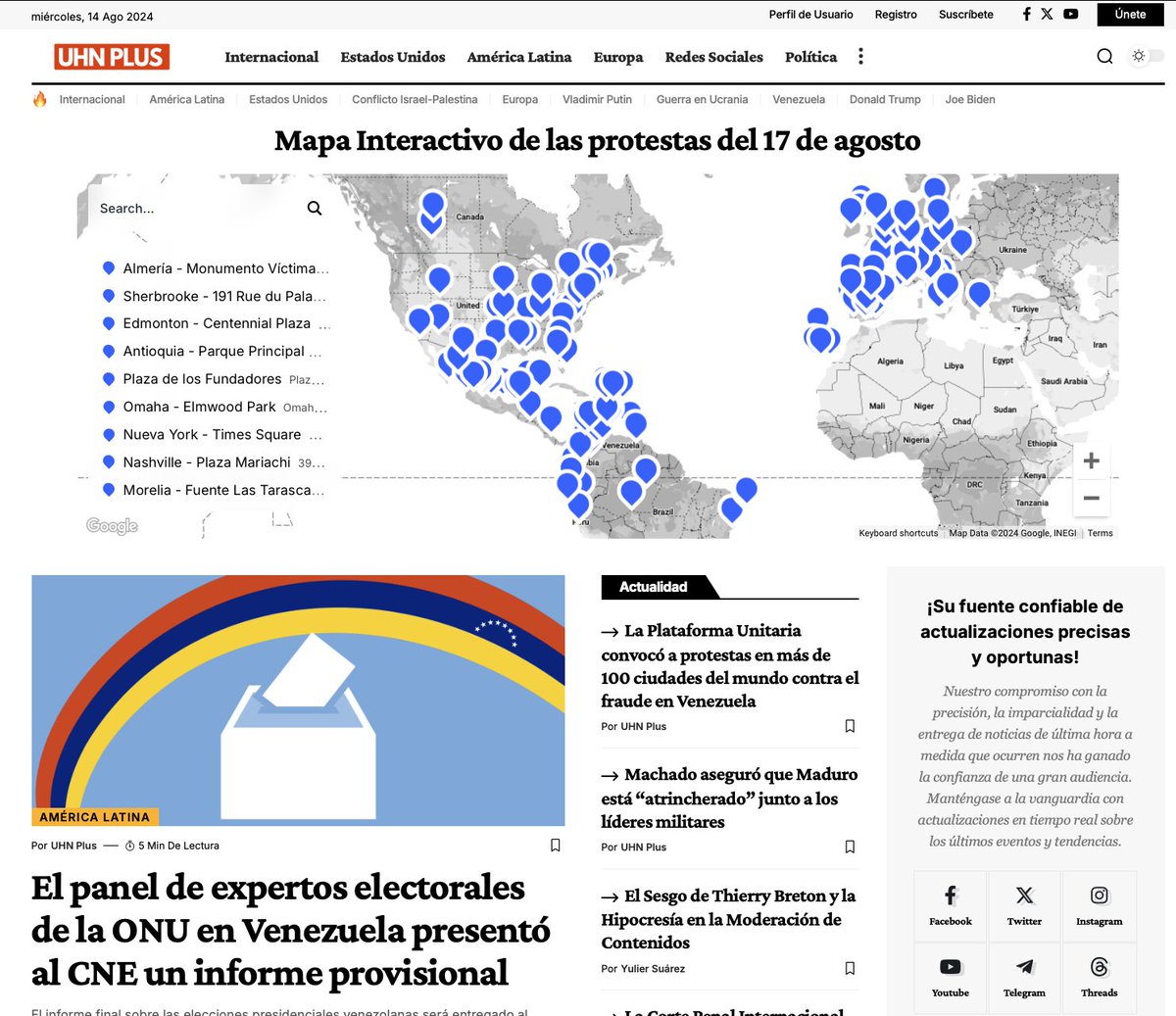 🇻🇪 | ÚLTIMA HORA

Más de 212 ciudades alrededor del mundo participarán este sábado 17 de agosto en la Protesta Mundial contra el régimen de Nicolás Maduro en Venezuela.

Revisa el sitio más cercano y comparte este Mapa Interactivo, disponible en uhnplus.com.
