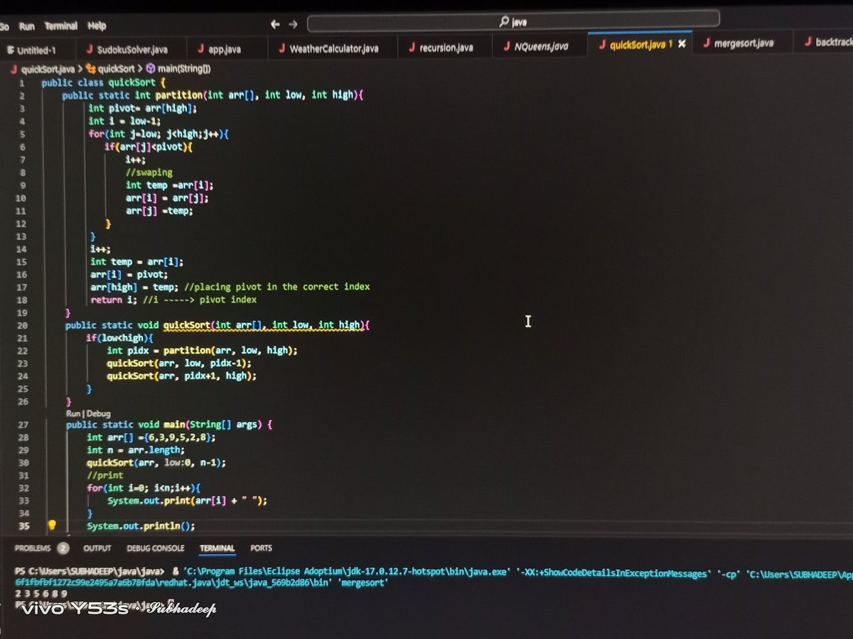SubhaDeep14oo's tweet image. Learned quicksort and continuing the journey
#100daysdsa #Programinghelp #programing
#Codingjourney #DSA #java #people #jobsearch #Learningjourney #Coding