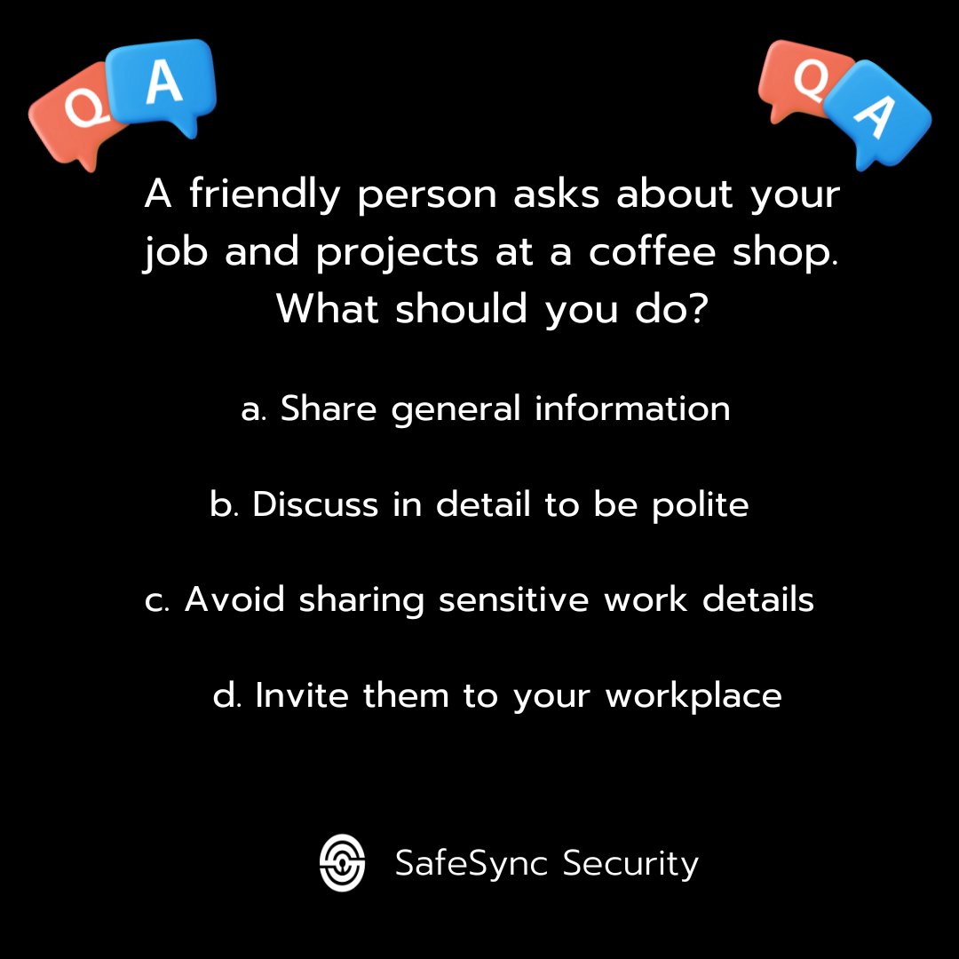 safesync_social's tweet photo. "Friendly chats are great, but keeping sensitive info safe is greater! Stay smart, stay secure. 💻☕
Let us know your answer in the comments!!
#CyberSecurity #staysecured #safesyncsecurity #safesync #socalizing https://t.co/o8OzjBruIP