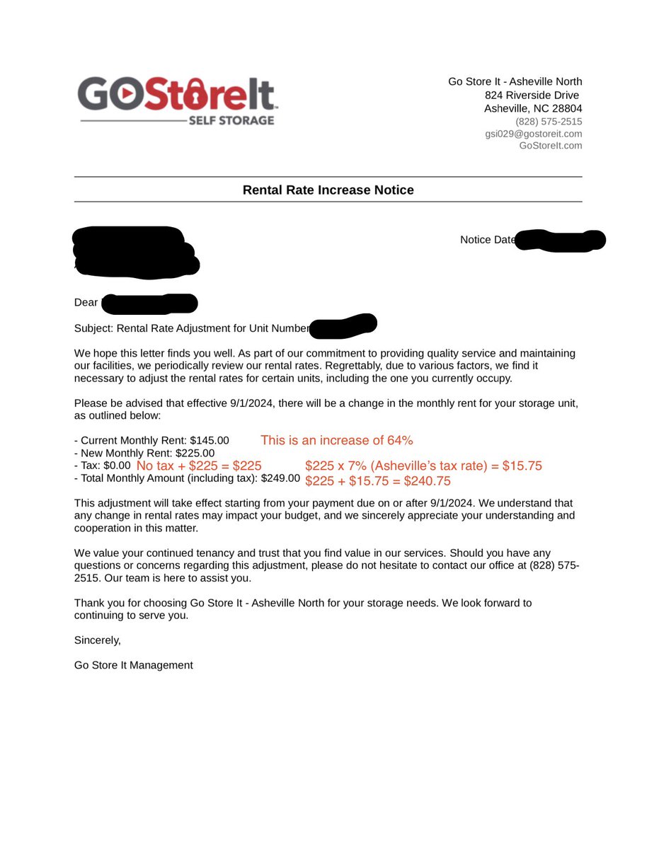 auntbooboo's tweet image. I received this letter from @GoStoreIt 

I’ve been in this unit for three months and was just notified of a 64% increase in rent.

Plus, they can’t do simple math (look at tax calculation)

#unethical #donotuse 

@BBBureau @bbb_us @BBB_Asheville