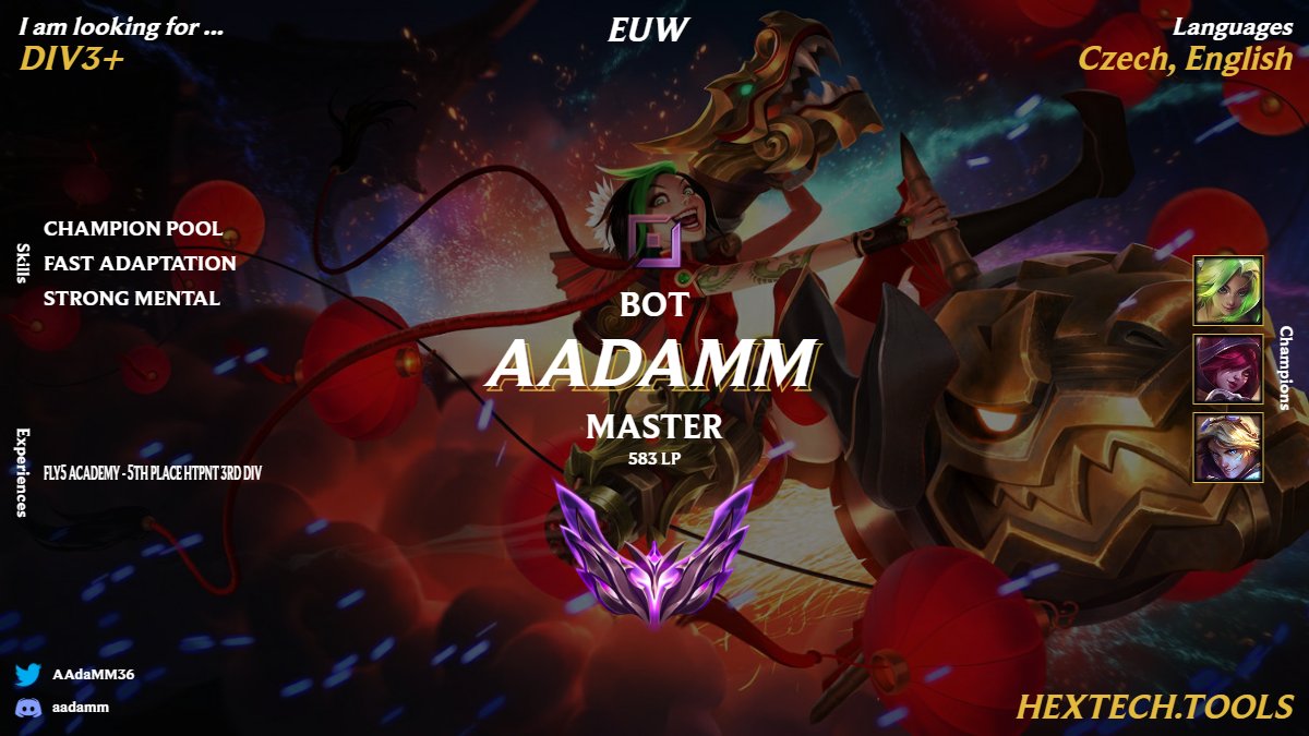 Hello, LFT as 17yo ADC 
- Peaked 583lp
- Exp: 5th place HTPNT 3rd div
- Ocean champion pool
- Strong mental
- Want to improve