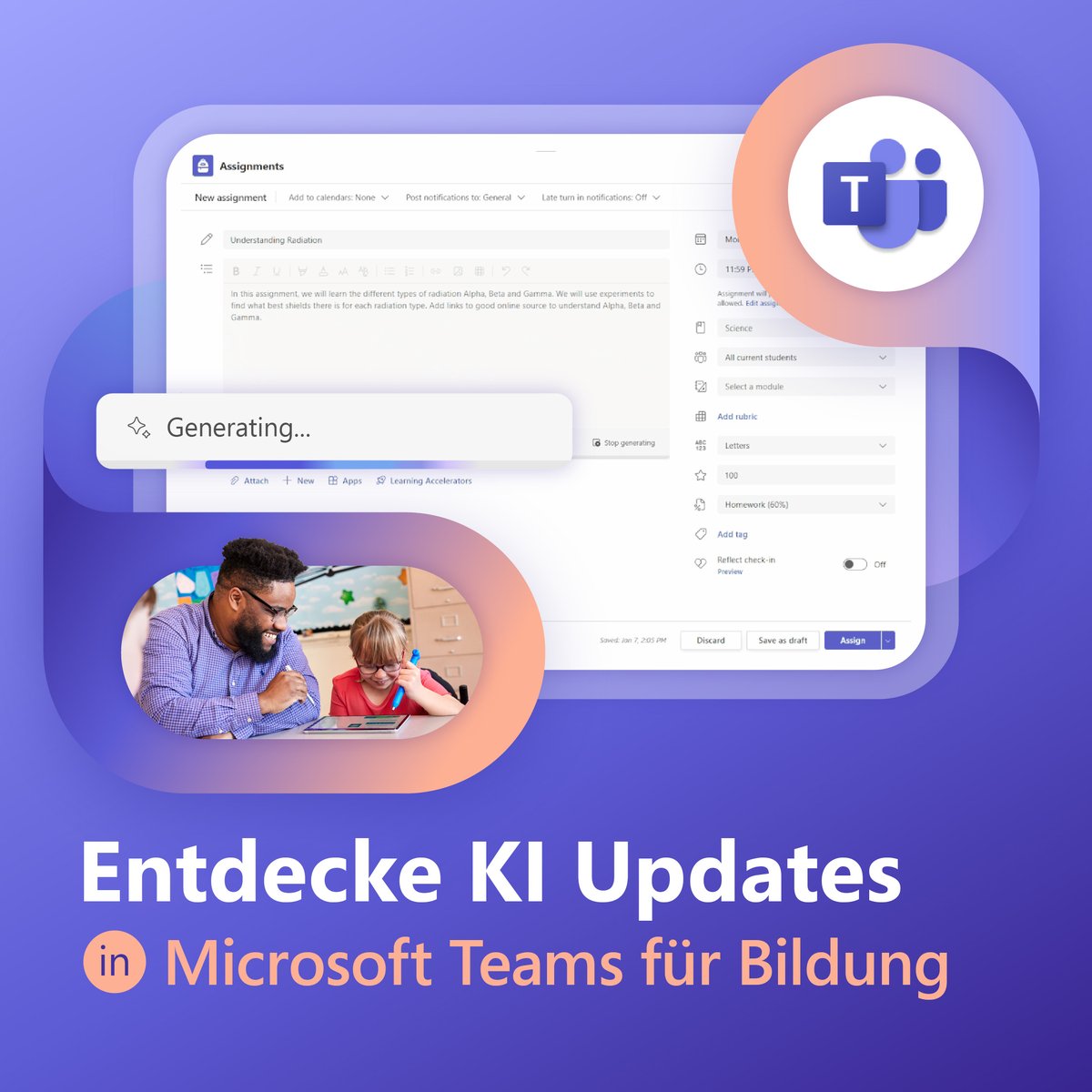 Schon gehört? KI-Updates kommen zu Microsoft Teams für Bildung! 🆕
Mit generativer KI, die in Aufgaben oder Klassenarbeiten integriert ist, kann Lernen personalisiert werden - ohne die App zu verlassen.
Entdecke dieses Update und weitere Neuigkeiten: msft.it/6018l8Uty