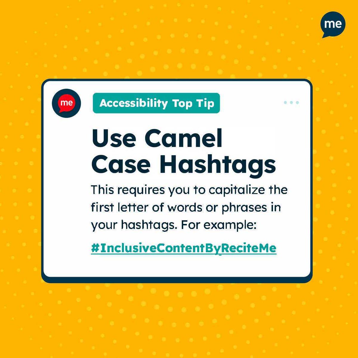 ReciteMe_US's tweet image. Do you want to make your posts more inclusive? One of the easiest things to do is use #CamelCase.

This is when you capitalize the first letter of each word in a hashtag. For example, instead of writing #inclusivecontent you would write #InclusiveContent

eu1.hubs.ly/H0bK19V0