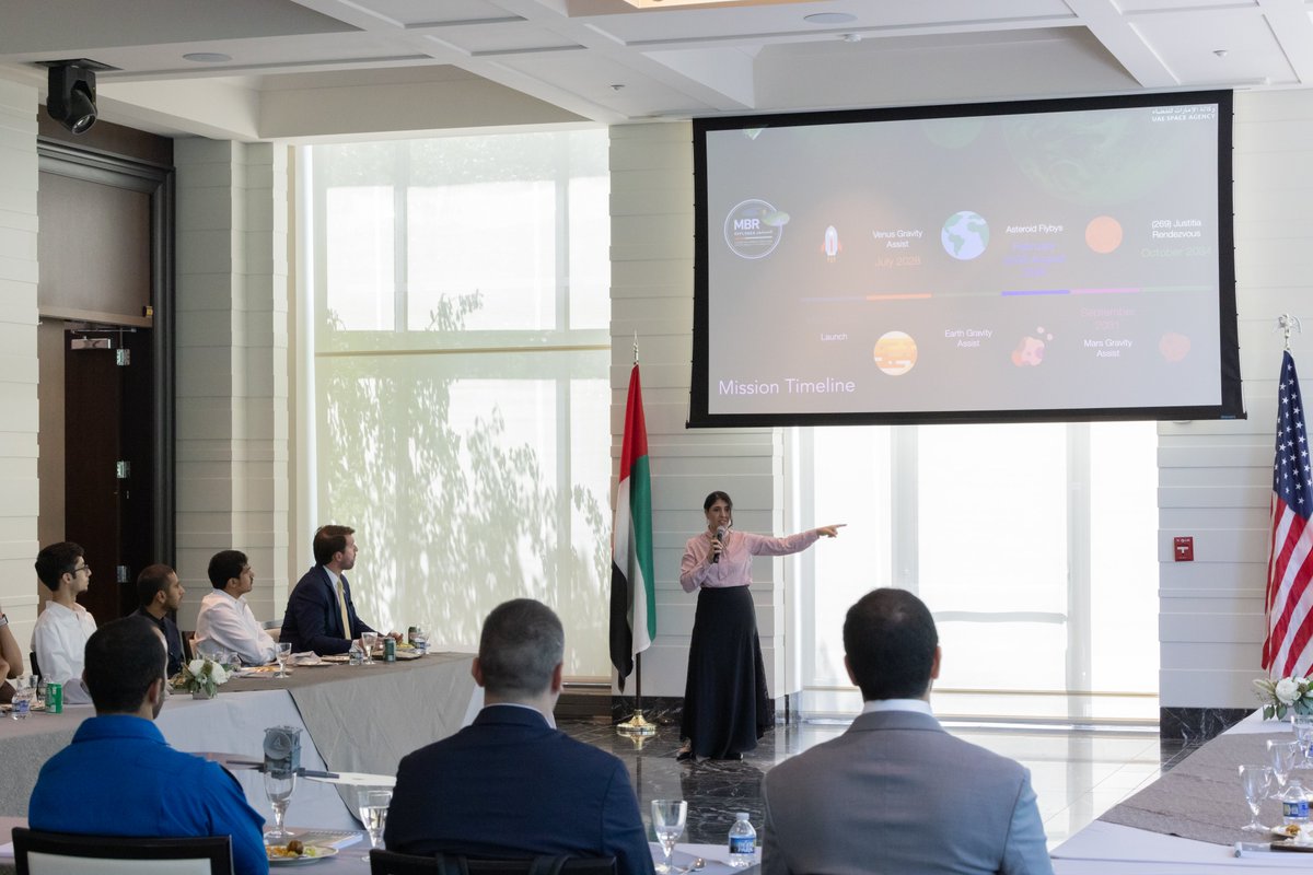 UAEEmbassyUS's tweet photo. We were thrilled to host @KhalifaUni students at the UAE Embassy ahead of the start of the @solarspace_io @uarizona space camp. They met @astro_hazzaa and representatives from the @UAESpaceAgency and @LASPatCU who shared the latest on @MBRSpaceCentre’s various missions. https://t.co/yhQU1aR4DZ