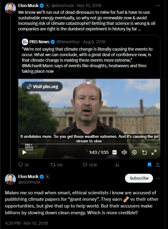 evAdvocate_org's tweet photo. @MichaelEMann @guardian @elonmusk Remember when he was a climate champion and defended climate scientists? https://t.co/ubSjJPCwmo