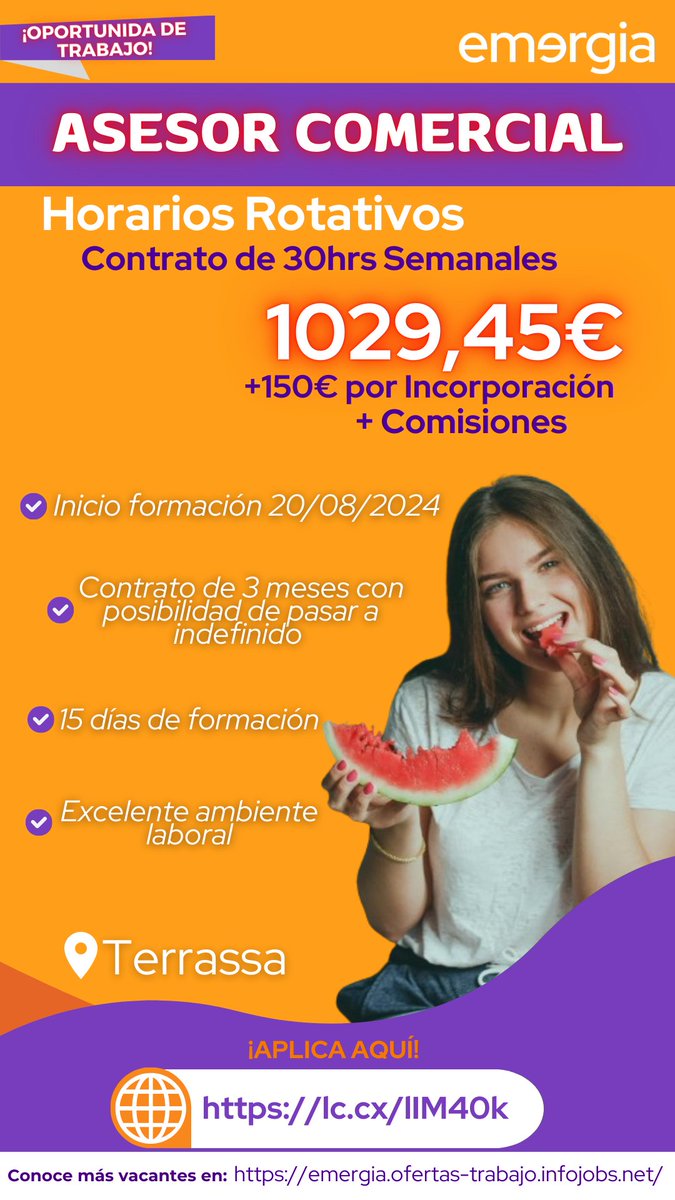 ¡Aplica ahora! 📍📩 lc.cx/lIM40k 
Conoce más vacantes en: emergia.ofertas-trabajo.infojobs.net