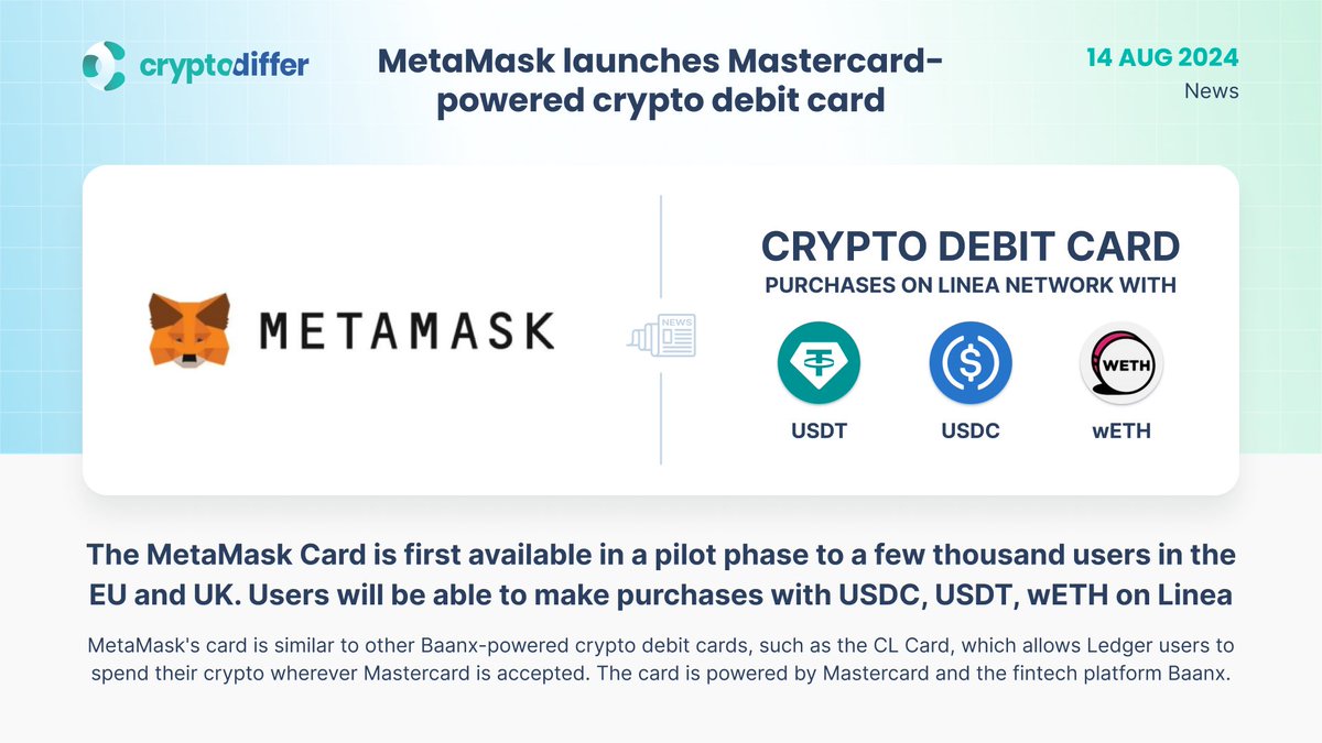 ❗️@MetaMask announces the pilot launch of Mastercard-powered crypto debit  card The MetaMask Card is available in a pilot phase to a few thousand  users in the EU and UK. Users will be